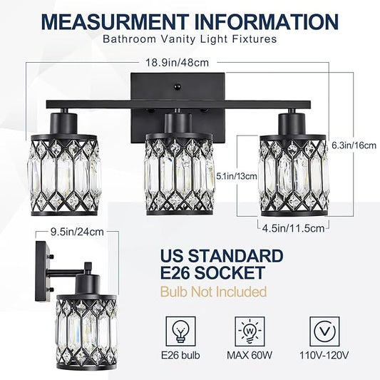 Crystal Modern Bathroom Light Fixtures, 3-Light Black Bathroom Vanity Wall Light, Vanity Lights for Mirror, Restroom, Bedroom (E26 Socket, Bulbs Not Included)