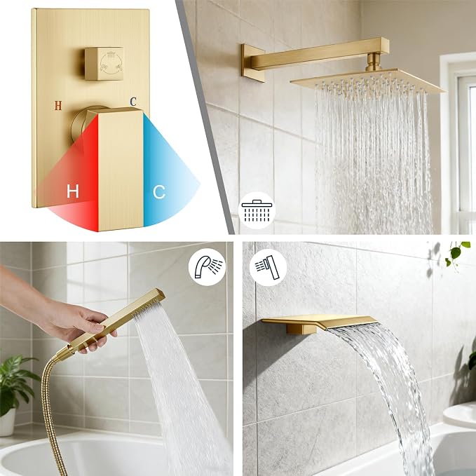 Midanya Shower System with Tub Spout,12 Inch Shower Head,Brushed Gold | with Valve & Trim Kit,Square Rain Head,Handheld Sprayer,Waterfall Spout,All Metal Wall Mount Bathroom Shower Tub Faucet Set