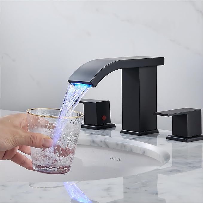 Bathroom faucets 3 Hole Widespread Modern Bathroom Sink Faucet 8 inch Matte Black Bathroom 3 Hole LED Light Waterfall Vanity Faucet Sink with Pop Up Drain (Matte Black)