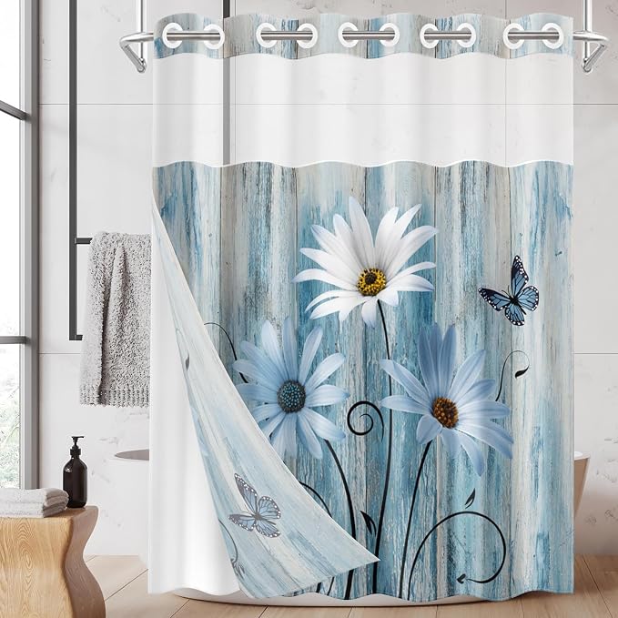 No Hook Shower Curtain with Snap in Liner 54x80 Inch Daisy Floral | Wooden Rustic Blue Modern Double Layers Waterproof Fabric with See Through Top Window Open Grommet Bath Curtain