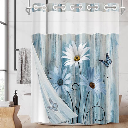 No Hook Shower Curtain with Snap in Liner 54x80 Inch Daisy Floral | Wooden Rustic Blue Modern Double Layers Waterproof Fabric with See Through Top Window Open Grommet Bath Curtain