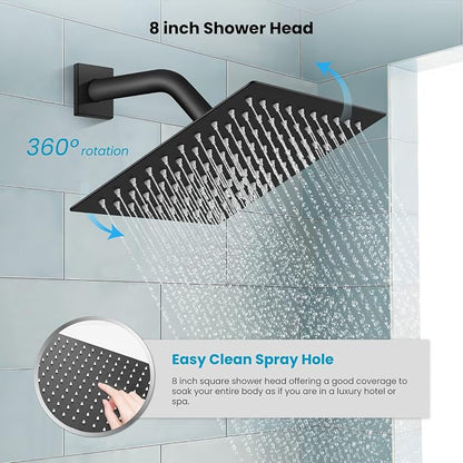 gotonovo Tub Shower Faucet Set with Valve Kit 8’’ Head,Matte Black | Shower System with Tub Spout,SUS304 Rain Head with Handheld Sprayer,Swivel Spout,All Metal,Rough-In Valve Trim Kit,Wall Mount