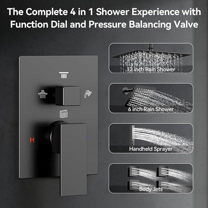 Shower System with Body Jets, Bostingner Four Modes Shower Faucet 12+6" Rain Shower Head with Handheld Spray 2 Ways, 4Pcs Shower Jets System in Wall Shower Faucet Sets Complete, Matte Black