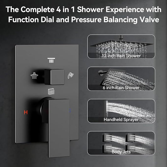 Shower System with Body Jets, Bostingner Four Modes Shower Faucet 12+6" Rain Shower Head with Handheld Spray 2 Ways, 4Pcs Shower Jets System in Wall Shower Faucet Sets Complete, Matte Black