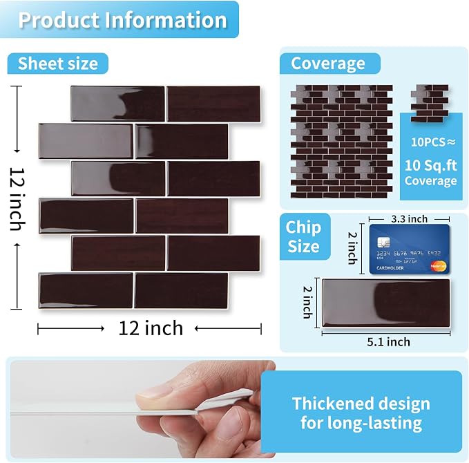 Art3d Peel and Stick Backsplash, Subway Wall Tile, 10-Pack, Dark Burgundy | 12 x 12 Inch, Water Resistant, Durable, Easy to Installation, Coastal Style, for Modern Home Decor, Kitchen, Home Improvement