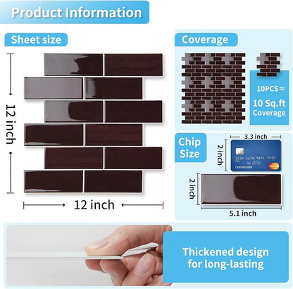 Art3d Peel and Stick Backsplash, Subway Wall Tile, 10-Pack, Dark Burgundy | 12 x 12 Inch, Water Resistant, Durable, Easy to Installation, Coastal Style, for Modern Home Decor, Kitchen, Home Improvement