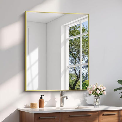 YIROMAN Bathroom Mirror 30"x36", Brushed Gold Bathroom Mirror for Over Sink with Aluminum Frame, Rectangular Vanity Mirror with Right Angle, Wall Mirror Hangs Horizontal or Vertical, Shatterproof