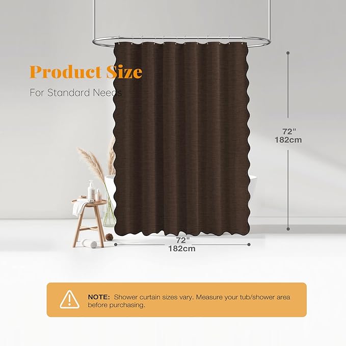 BTTN Brown Scalloped Shower Curtain, Linen Textured Modern Cloth Shower Curtain Set with Plastic Hooks, Neutral Elegant Decorative Waterproof Fabric Shower Curtains for Bathroom and Bathtub, 72x72