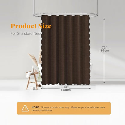 BTTN Brown Scalloped Shower Curtain, Linen Textured Modern Cloth Shower Curtain Set with Plastic Hooks, Neutral Elegant Decorative Waterproof Fabric Shower Curtains for Bathroom and Bathtub, 72x72