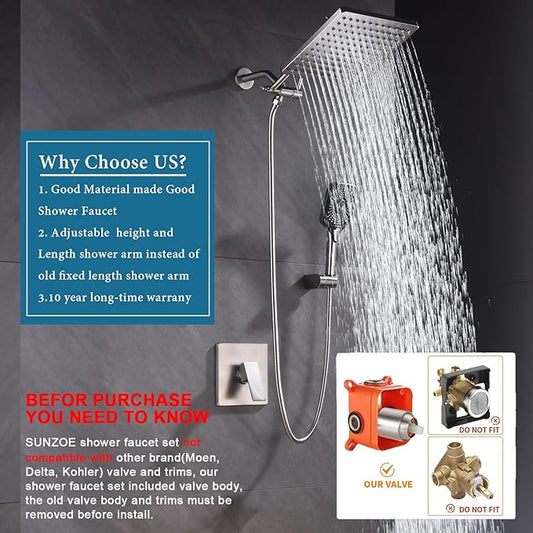Shower Faucet Set Brushed Nickel Rough-in Anti-Scald Pressure Balanced Valve Body Modern Luxury Wall Mounted 10 Inch Rain Mixer Shower System (Brushed Nickel)