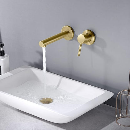 SUMERAIN Brushed Gold Bathroom Faucet Brass Wall Mount Faucet Single Handle with Rough in Valve