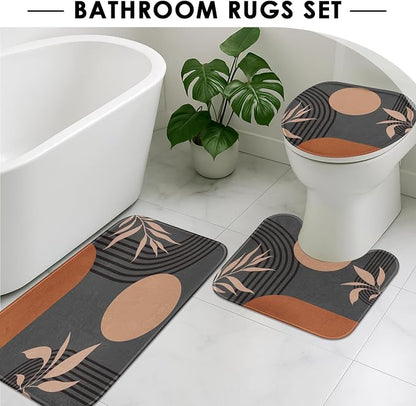 Bathroom Sets with Shower Curtain and Rugs, 4 Pcs, Boho Mid Century | Abstract Modern Minimalist Bathroom Decor Set with Toilet Lid Cover, Non-Slip Bath Mats and Accessories 12 Hooks