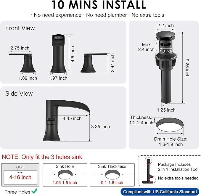 Matte Black Widespread Bathroom Sink Faucet 3 Hole, 8 Inch Waterfall Faucet for Bathroom Sink with Pop-Up Drain and cUPC Supply Lines, 2 Handles for Vanity Lavatory Restroom, Brass Material