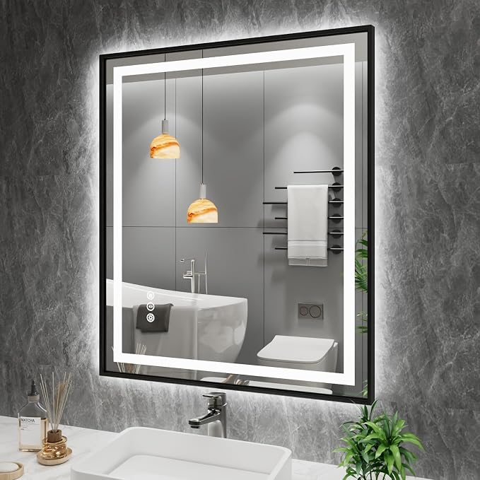 36"X30" LED Bathroom Mirror with Black Frame, Front Lit and Backlit | Metal Framed Mirror, Stepless Dimmable, HD Reflection, Anti-Fog, Shatter-Proof, Memory, 3 Colors Lighting, UL Listed.