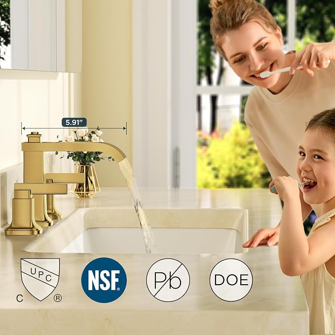 FORIOUS Bathroom Faucet 3 Hole Widespread Sink Faucets Brushed Gold | 3-hole 4-12 Inch Widespread Sink, Square Waterfall Spout, with Drain and Hoses,for Vanity Rv Commercial Lavatory Restroom