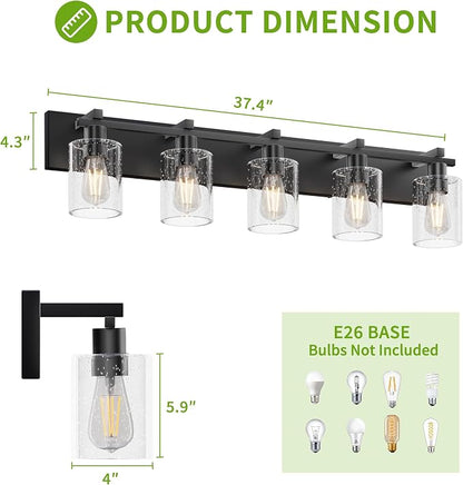 5-Light 37inch Black Vanity Light, Thickened Seeded Glass Shade | Over Mirror for Bathroom, Rust Resistant, E26 Base, Easy Install, Removable Glass Shade Horizontal Mount, Dimmable