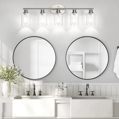 Unicozin Bathroom Light Fixtures, 5 Light Vanity Lights for Bathroom, Brushed Nickel Wall Lamp with Clear Glass for Mirror, Living Room, Hallway, Cabinet, E26 Base