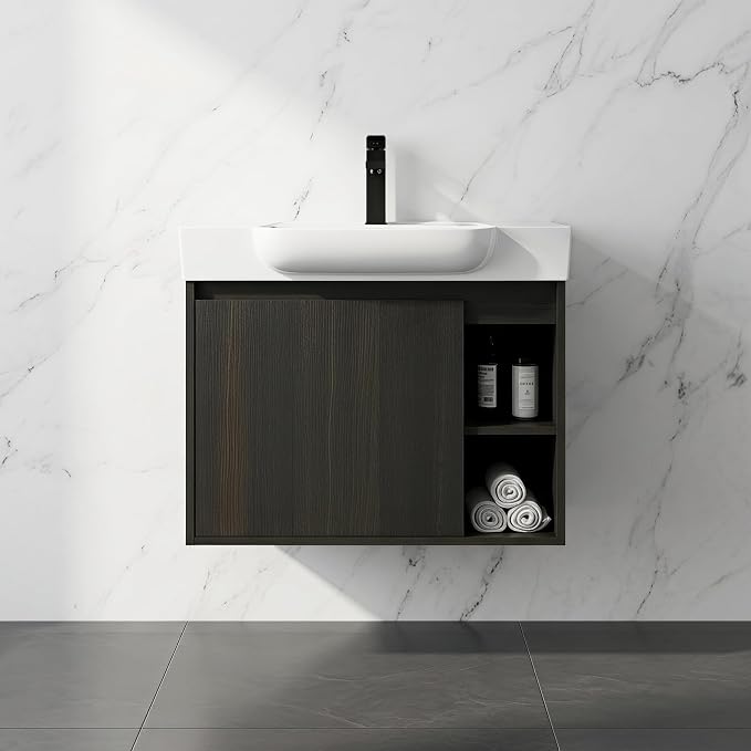 24" Bathroom Vanity with Sink, Wall-Mounted Cabinet, Dark Oak | Ceramic Sink, Soft-Close Door & 2 Open Storage Shelves, Modern Farmhouse Sink Cabinet, Easy to Clean for Small Bathroom