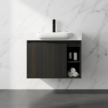 24" Bathroom Vanity with Sink, Wall-Mounted Cabinet, Dark Oak | Ceramic Sink, Soft-Close Door & 2 Open Storage Shelves, Modern Farmhouse Sink Cabinet, Easy to Clean for Small Bathroom