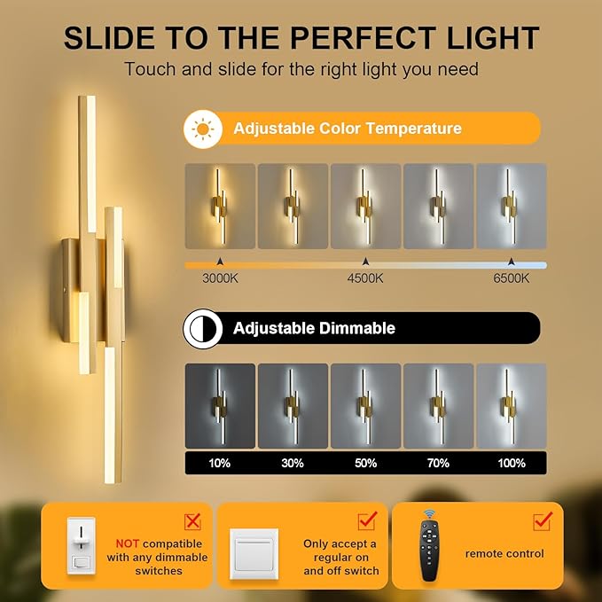 Modern LED Vanity Lights Set of 2, Gold Wall Sconce with Remote Control Dimmable Indoor Wall Light Bedside Remote Sconce for Bedroom Bathroom Living Dining Room (27.6inch 2 Pack)