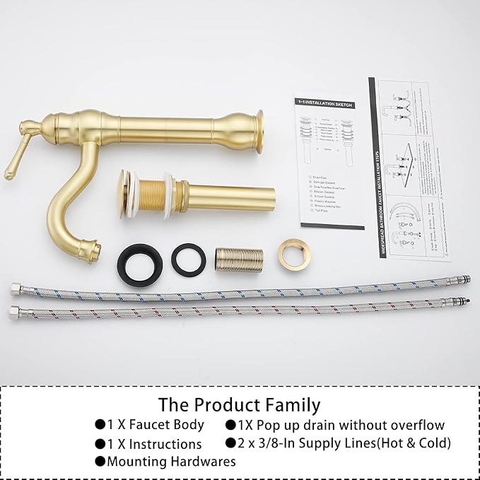 GGStudy 360 Swivel Single-Handle One Hole Vessel Sink Faucet with Matching Pop Up Drain - Brushed Gold Farmhouse Bathroom Vanity Faucet