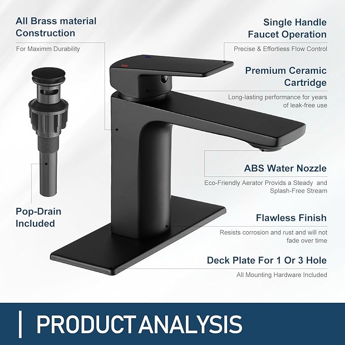 Black Bathroom Faucets 1 Hole Single Handle Bathroom Sink Faucet with Pop-up Drain and 3 Hole Sink Deck Plate Rv Lavatory Vessel Faucet Basin Mixer Tap