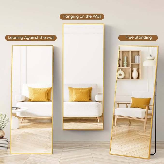 NEWBULIG Full Length Floor Mirror 56"x21", Body Standing Mirror | Wall Hanging or Leaning, Shatter-Proof Glass, Aluminum Alloy Frame with Stand, Home Decor Bedroom, Gold