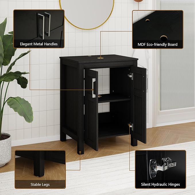 YOURLITE 24" Bathroom Vanity with Sink, Black Bathroom Vanity and Sink Combo with Faucet & Pop Up Drain Set,Traditional Vanity with with Black & Gold Ceramic Sink