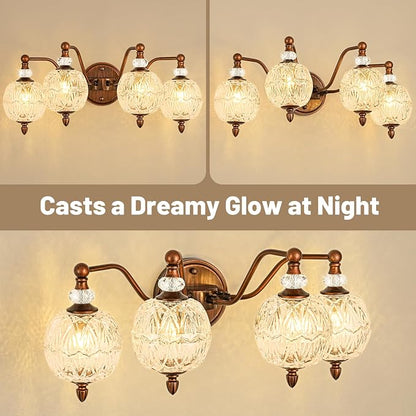 Vintage Bathroom Vanity Light, 4-Light Antique Red Bronze Finish Wall Sconce with Globe Glass Shades, Retro Mirror Light for Bathroom, Powder Room