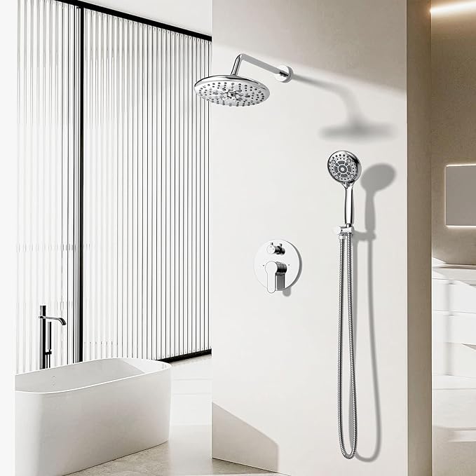 EMBATHER Shower Faucet Sets - Overhead Rain Head Shower System with High Pressure Handheld Complete Combo and Mixer Valve Trim Kit - Polished Chrome Rainfall Shower Fixture for Luxury Bathroom