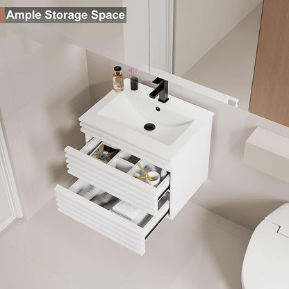 LUCKWIND 24" Floating Bathroom Vanity with Sink, Mid-Century Wall Mounted Big Drawer Cabinet with Ceramic Sink, Water Saving Faucet and Wood Stripes Style, White