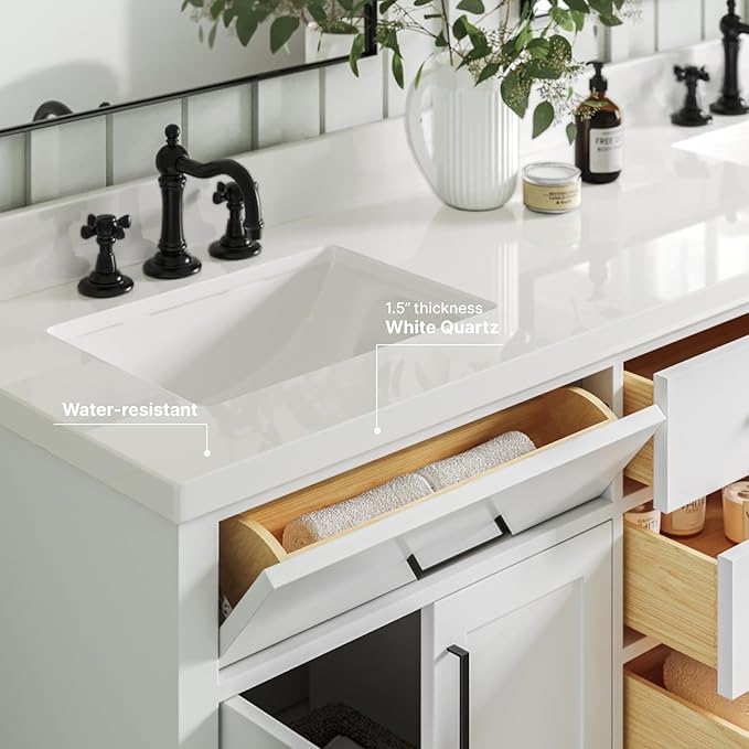 ARIEL Hepburn 72-inch Bathroom Vanity with Sink,Solid Wood, 1.5-inch Pure White Quartz Countertop & Backsplash, Double Rectangular Porcelain Sink, 4 Soft Closing Doors, 6 Dovetail Drawers, White