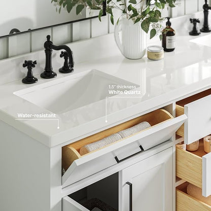 ARIEL Hepburn 72-inch Bathroom Vanity with Sink,Solid Wood, 1.5-inch Pure White Quartz Countertop & Backsplash, Double Rectangular Porcelain Sink, 4 Soft Closing Doors, 6 Dovetail Drawers, White