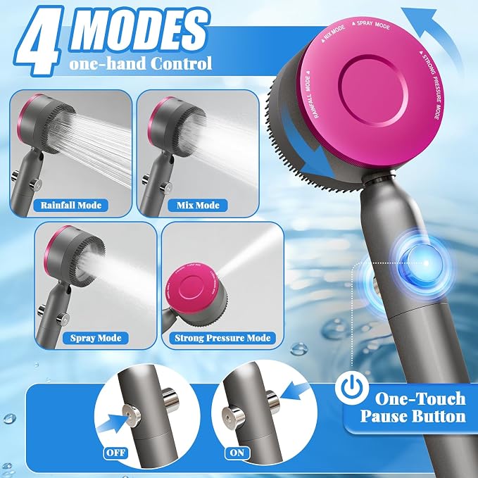 Filtered Shower Head with Handheld,High Pressure3+1Spray Mode Showerhead with Filters,Water Softener Filters Beads for Hard Water 360°Rotating Adjustable Shower Head with Wall Holder&ON/Off Switch