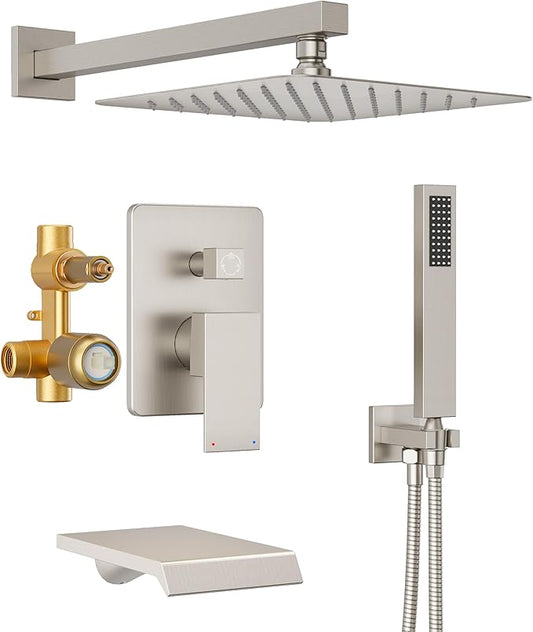 Shower System with Tub Spout, All Metal Tub Shower Faucet Set with 12'' Rain shower heads and handheld spray combo,Wall Mounted Tub Shower Systems with Valve and Trim Kit, Brushed Nickel