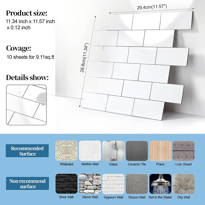 2026 New Upgrade Peel and Stick Backsplash Tile, Peel and Stick 11.34" X 11.57" Wall Tile for Kitchen, Bathroom, Fireplace, Laundry (Polished White, 20 Packs)