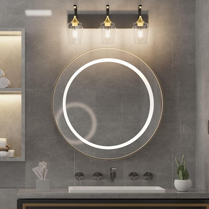 Ralbay Black/Gold Vanity Light Fixtures 3-Lights Industrial Black/Gold Bathroom Vanity Light with Clear Glass Vintage Edison Bathroom Wall Lighting Fixtures