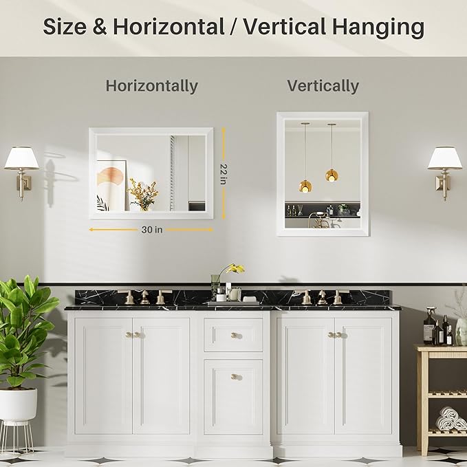 22x30 Inch White Bathroom Mirror for Wall, Thick Metal Framed Rectangle Mirrors for Over Sink, Bedroom, Living Room, Entryway, Anti-Rust, HD Tempered Glass