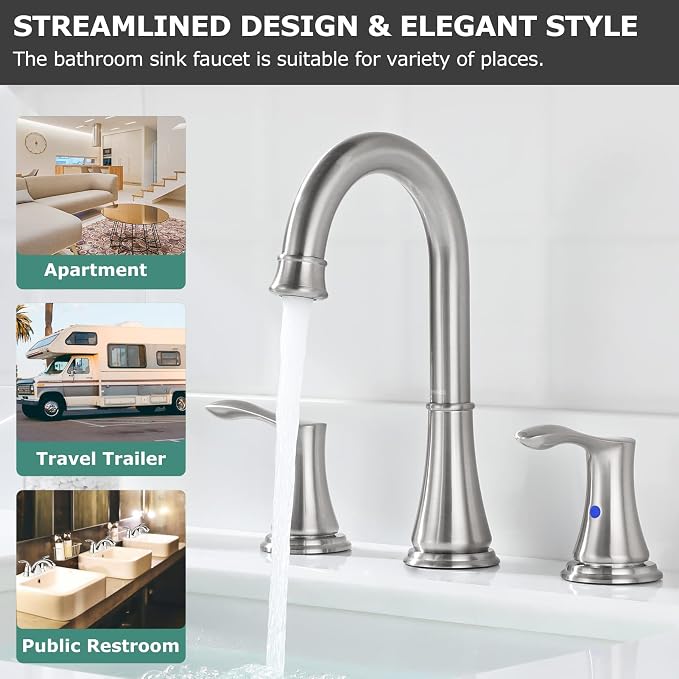 Brushed Nickel Widespread Bathroom Sink Faucet 8 Inch for Vanity | with All Metal Pop Up Drain, High Arc 2 Handle Lead-Free Deck Mount Bathroom Faucet for 3 Hole Lavatory Utility Sink