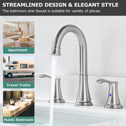 Brushed Nickel Widespread Bathroom Sink Faucet 8 Inch for Vanity | with All Metal Pop Up Drain, High Arc 2 Handle Lead-Free Deck Mount Bathroom Faucet for 3 Hole Lavatory Utility Sink