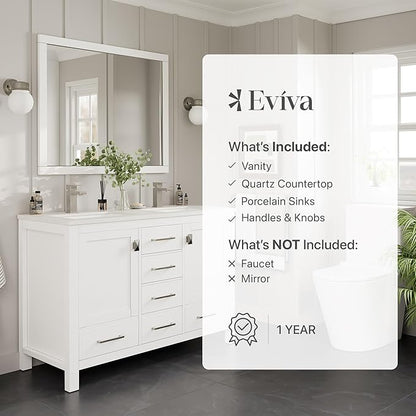 Eviva London 54 in. White Double Sink Bath Vanity with Carrara Quartz Top and Undermount Porcelain Sinks