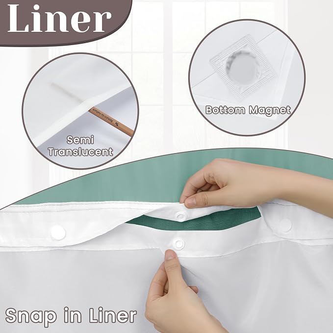 SORTTO No Hook Slub Shower Curtain with Liner, 71x74, Peacock Blue | Snap in Liner, 3 in 1, Bamboo Texture, Hotel Style, Waterproof Fabric, Mesh Top Window, Corner Magnets, Machine Washable