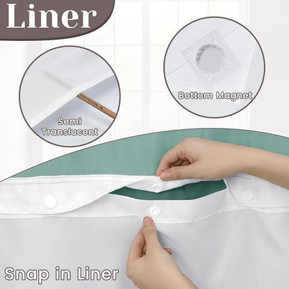 SORTTO No Hook Slub Shower Curtain with Liner, 71x74, Peacock Blue | Snap in Liner, 3 in 1, Bamboo Texture, Hotel Style, Waterproof Fabric, Mesh Top Window, Corner Magnets, Machine Washable