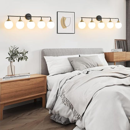 Black Gold Bathroom Light Fixtures Over Mirror Vanity 5-Light | Mid Century Modern Matte Black Gold Wall Sconce with Milky White Glass Ball Shades for for Bathroom Dressing Table Bedroom
