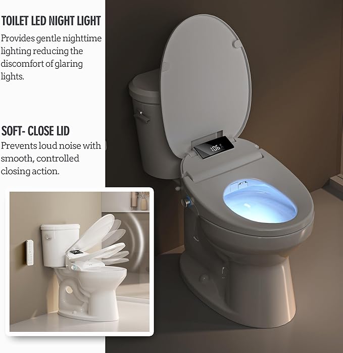 Bidet Toilet Seat with Remote Control, Electronic Heated Bidet Seat with Adjustable Warm Water and Pressure, Warm Air Drying, Display Screen, Night Light, Slow Closed Toilet Lid, Elongated