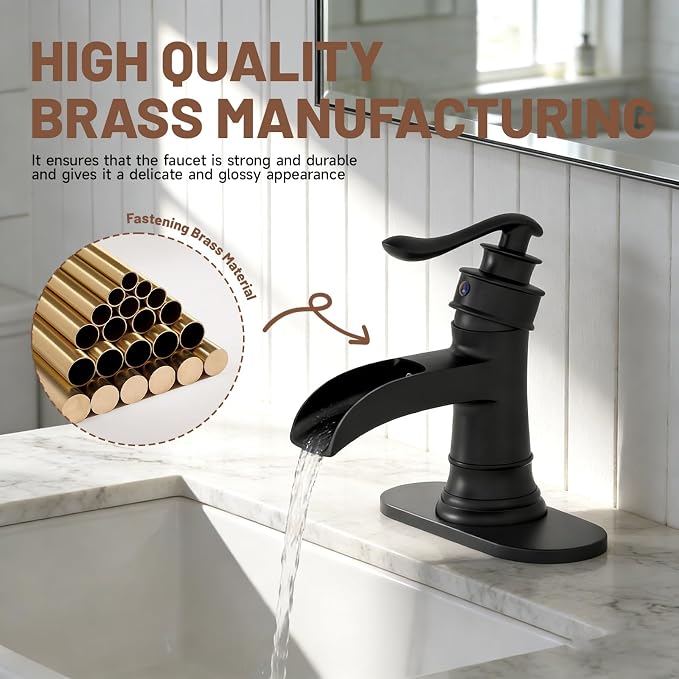 Waterfall Bathroom Sink Faucet Black Bathroom Faucet 1 Hole | Single Handle,with Pop Up Drain Stopper Vanity Water Supply Hose,Lead-Free Solid Brass,Farmhouse Faucet Deck Mount