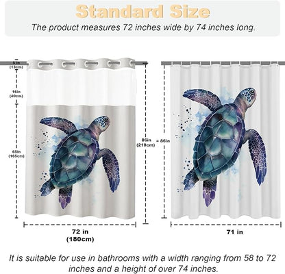 Funny Sea Turtle Shower Curtains Ocean Animal Cartoon Kids Theme No Hook Waffle Weave Shower Curtain with Snap in Liner Polyester Fabric Bathroom Decor Set 72 W x 86 H Inch Teal Purple