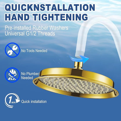Bright Gold 9inch Rain Showerheads, High Pressure Rainfall Overhead Shower Head Replacement, Classic Vintage Stainless Steel Shower Heads with Silicone Nozzle