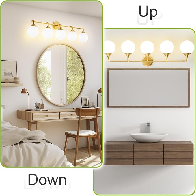 Brushed Gold Bathroom Light Fixtures Over Mirror Vanity 5-Light | Mid Century Modern Brushed Gold Wall Sconce with Milky White Glass Ball Shades for for Bathroom Dressing Table Bedroom
