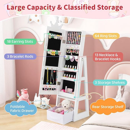 CHARMAID Kids Jewelry Cabinet - 45.5'' Standing Jewelry Armoire with Full Length Mirror, Storage Drawer and Back Shelf, Kids Jewelry Organizer Box Vanity Dressing Mirror for Girls (White)